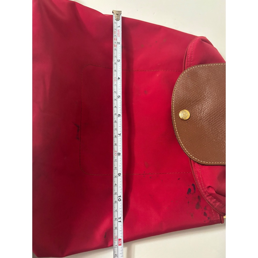 Longchamp Le Pliage Red Nylon Backpack Women Gold Zip Leather Trim STAINED - Picture 13 of 15
